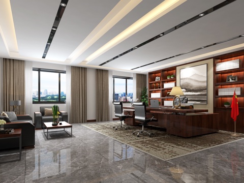  现代办公室 政府 沙发 办公桌书柜3d模型 