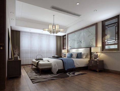  新中式卧室床 床头柜吊灯地毯电视柜3d模型 