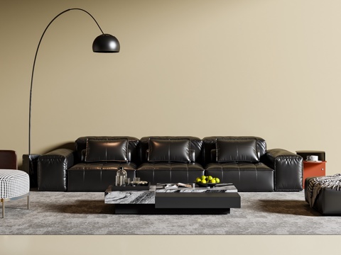 现代意式沙发茶几组合 三人沙发 休闲沙发 落地灯 地毯su模型