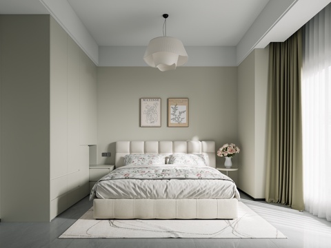  卧室 奶油风卧室 床 单椅 吊灯3d模型 