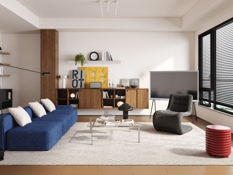  现代中古家居客厅 包豪斯客厅 横厅 复古风客厅3d模型 