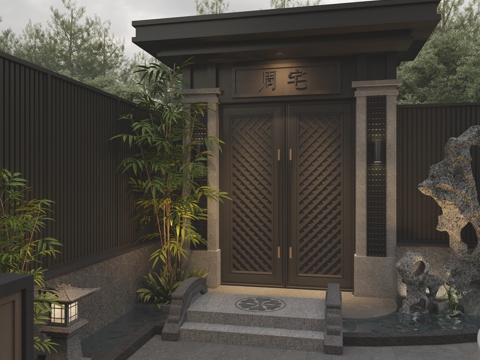  中式 新中式 暗黑系庭院花园 中式入户门 太湖石 石灯 石拱3d模型 