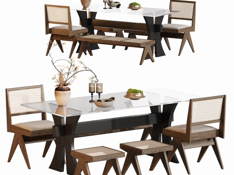 原木中古餐桌椅组合摆件su模型