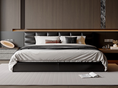 现代简约双人床 床头柜 皮质双人床 主卧床 台灯su模型