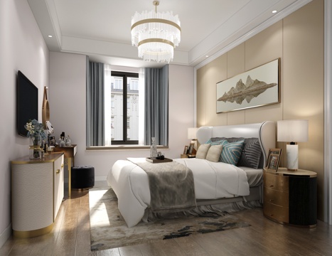  现代轻奢 主卧 大床 床头柜 吊灯 挂画3d模型 