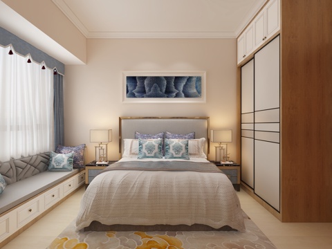  新中式飘窗软包靠背次卧室3d模型 