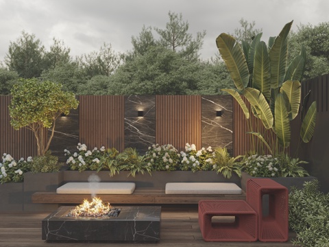  现代暗黑系风格 庭院花园 围墙景墙 休闲卡座 休闲椅 大理石3d模型 