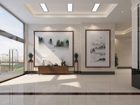  新中式大厅 书架 沙发3d模型 