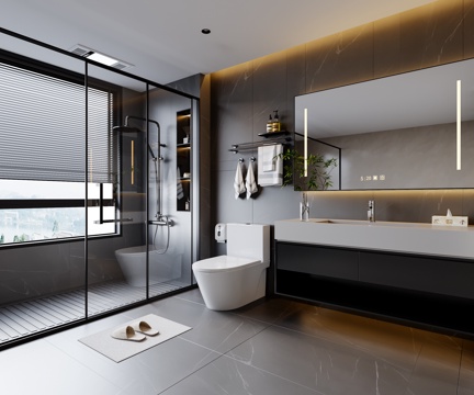 现代高级灰卫生间 浴室柜 马桶 花洒 淋浴门su模型