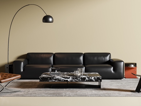 现代意式沙发茶几组合 三人沙发 休闲椅 落地灯 地毯su模型