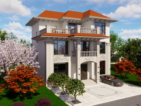 现代独栋别墅 乡村自建房别墅 农村别墅 三层独栋别墅 斜顶su模型