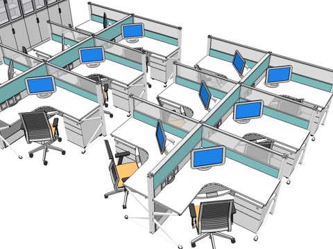 办公工位 文件柜 办公家具 工位 办公室 屏风工位su模型