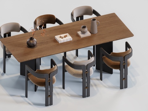 中古风长条餐桌su模型