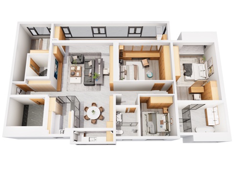 现代家装鸟瞰 大平层原木风格 鸟瞰图 现代家装样板房su模型