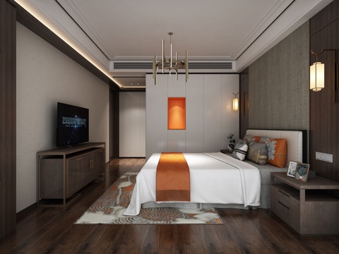  新中式卧室 床 电视柜 吊灯 壁灯3d模型 