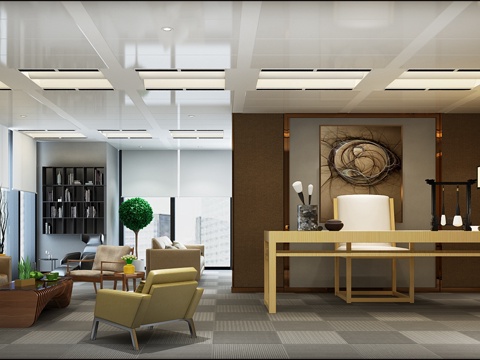  现代新中式 现代后现代轻奢办公室 经理办公室 书桌 办公3d模型 