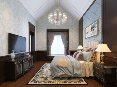  欧式古典欧式简欧卧室双人床台灯吊灯护墙板地毯硬包挂画电视3d模型 