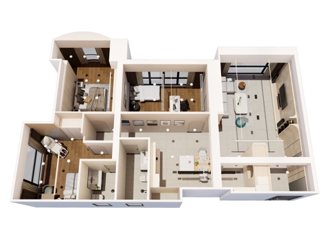 现代简约家装鸟瞰 简约室内家装空间 鸟瞰图 现代家装样板房su模型