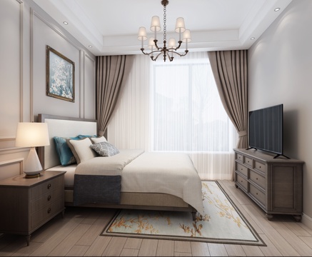  美式卧室 床 吊灯 电视柜3d模型 