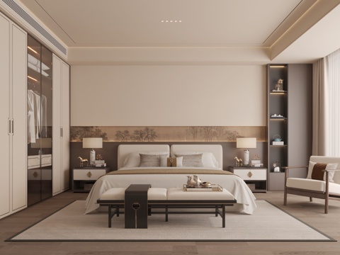  新中式卧室3d模型 