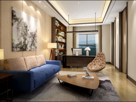  新中式后现代轻奢办公室 经理办公室 书桌 办公桌 书柜3d模型 