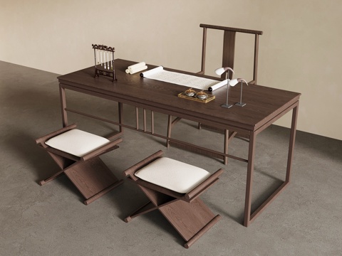 新中式书桌椅su模型