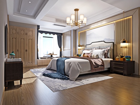  新中式卧室3d模型 