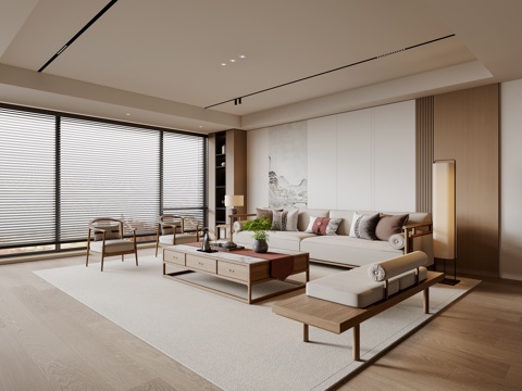 新中式宋式风客厅 沙发茶几 三人沙发 休闲椅 落地灯 地毯su模型