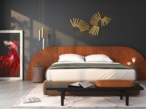  新中式轻奢后现代卧室床 床头柜 榻 吊灯 墙饰3d模型 