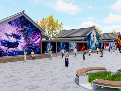 现代街道墙体彩绘 哪吒魔童闹海墙绘 网红打卡墙 墙绘墙画su模型