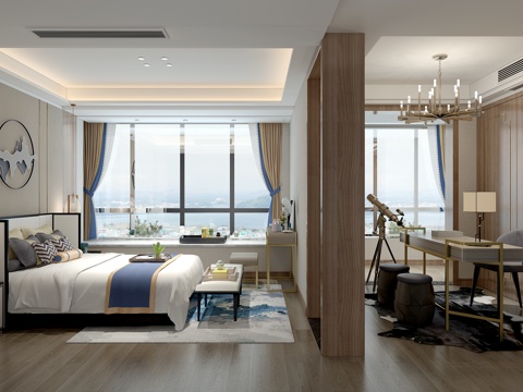  新中式卧室 床 书桌 吊灯 装饰品3d模型 