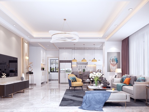  现代轻奢客餐厅 餐厅 客厅3d模型 