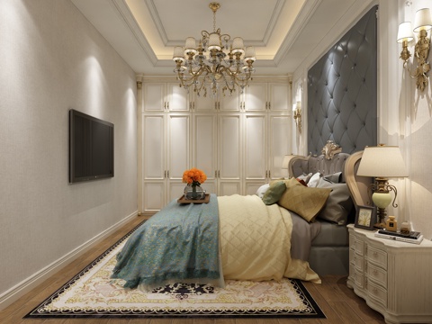  简欧3D模型简欧卧室床灯具组合壁灯3d模型 