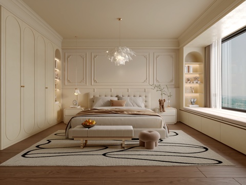  法式奶油风卧室3d模型 