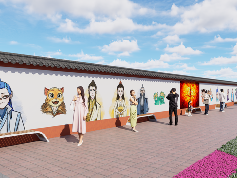 现代街道墙体彩绘 哪吒魔童闹海墙绘 网红打卡墙 墙绘墙画su模型