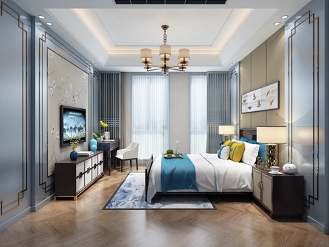  新中式主卧3d模型 