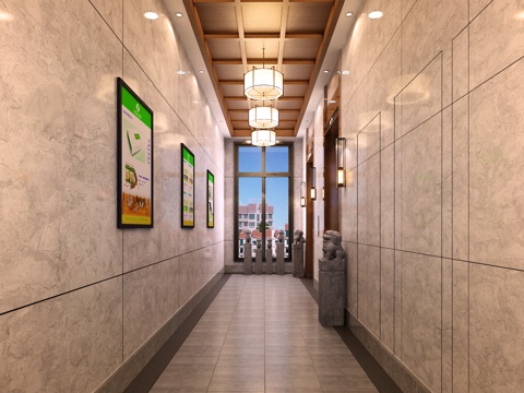  中式电梯间吊顶吊灯石柱隐形门壁灯电梯3d模型 