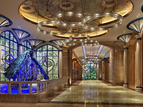  简欧欧式奢华酒店 酒店中庭 酒店玄关 酒店过道吊灯 景观3d模型 