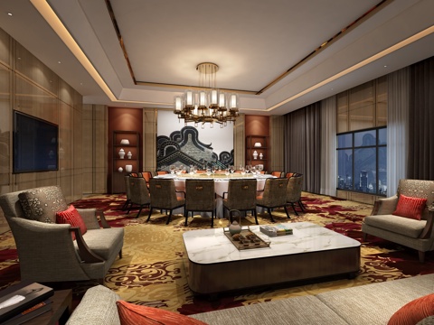  现代最新现代 轻奢 酒店包房 会客厅 包间 大圆餐桌椅3d模型 