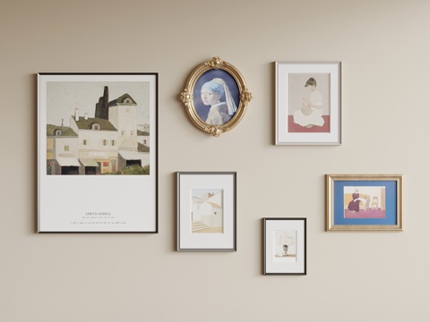 法式复古挂画 装饰画 挂画组合su模型