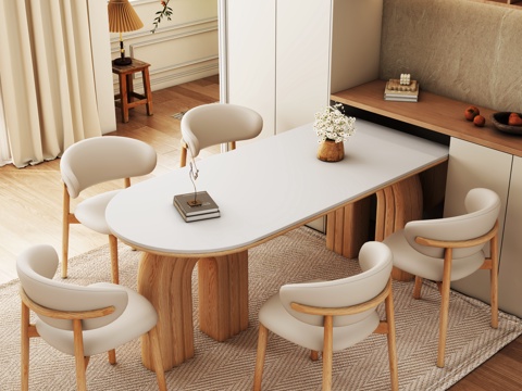  原木风餐厅 简约 餐桌椅组合3d模型 