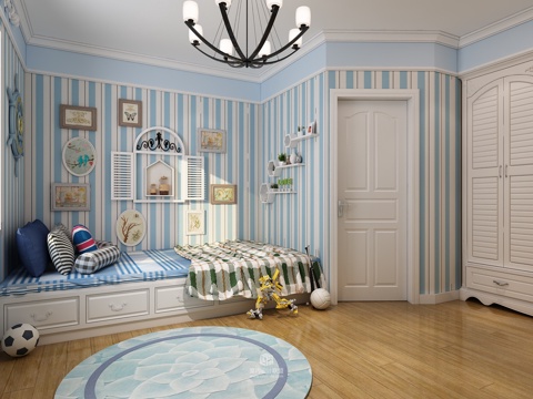  其它卧室儿童房男孩房床衣柜书桌吊灯3d模型 