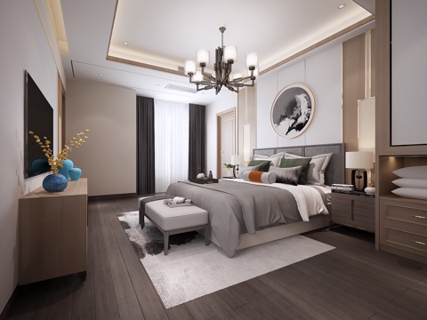  新中式卧室 新中式双人床吊灯衣柜电视柜组合3d模型 