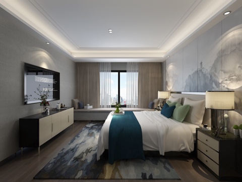  新中式现代新中式混搭卧室 床 电视柜 台灯 床头柜3d模型 