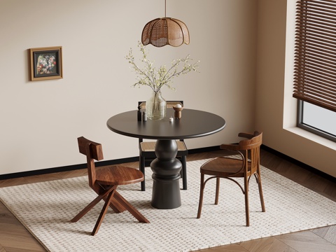 法式复古风休闲桌椅 餐桌椅su模型