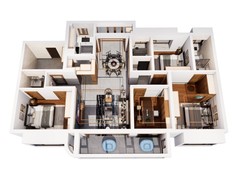 新中式家装鸟瞰 中式室内家装空间 鸟瞰图 新中式家装样板房su模型