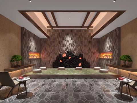  新中式足浴桑拿房 火山石 坐垫3d模型 