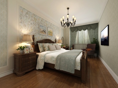  美式田园主卧室 背景墙梳妆台摆件吊灯3d模型 