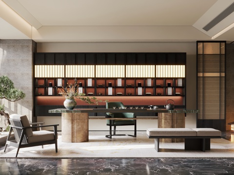  新中式茶室 中式茶室 茶桌椅 宋式美学茶室3d模型 