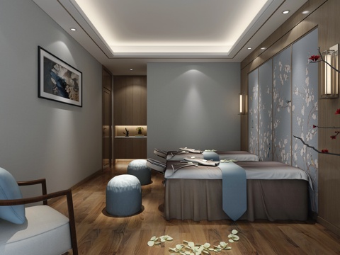  新中式SPA包厢 双人包厢 床 床背景 壁灯 床3d模型 